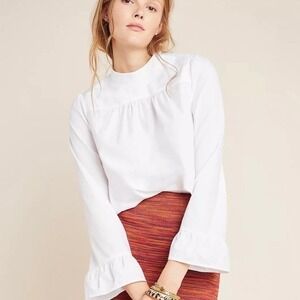 Maeve Anthropologie Blouse S White Cotton Mock Neck Ruffle Cuff Coastal Grandma